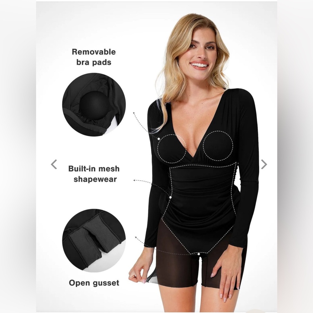 Popilush Shapewear Long Sleeve V-Neck Ruched Bodycon Midi Dress - Picture 3 of 10